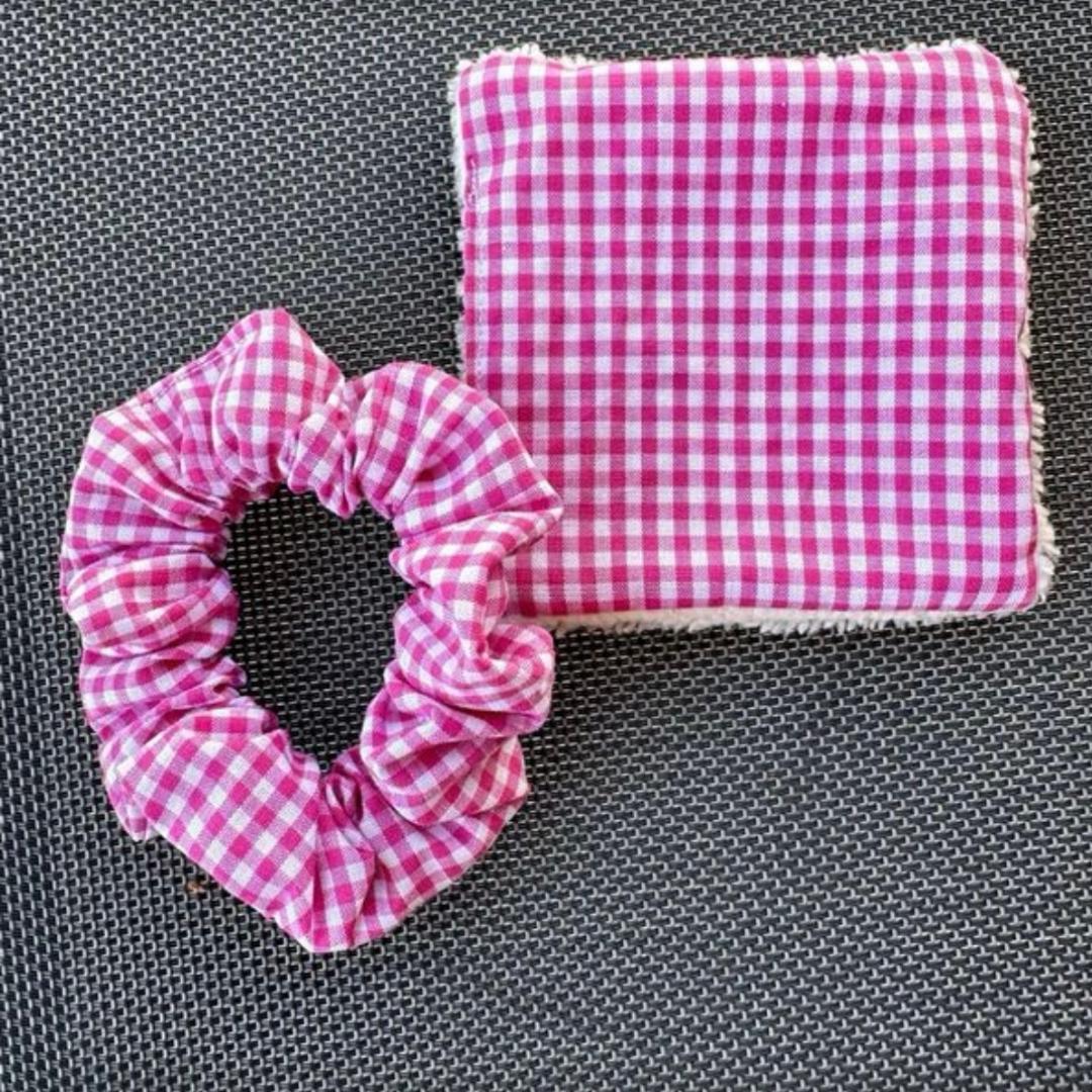 handmade vichy pink wipes + reusable cloth wipes. pink square hair elastic handmade, cute gift for her, christmas, birthday