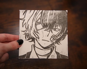 4&quot;x4&quot; Bungo Stray Dogs Relief Print, small print, BSD, Dazai | Chuuya | Akutagawa | Atsushi | Fyodor | Gogol | Poe | Ranpo, free US shipping