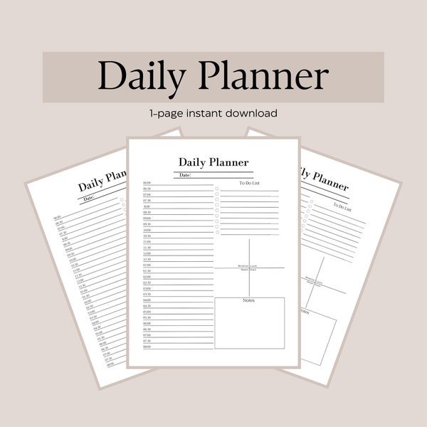 Minimalist Daily Planner | 1-Page Printable | 3 Sizes | Note Page Included