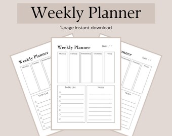 Minimalist Weekly Planner | 1-Page Printable | 3 Sizes | Notes Pages Included