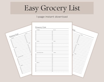 Easy Grocery List | 1-Page Instant Download | Letter-Sized | A4 | A5