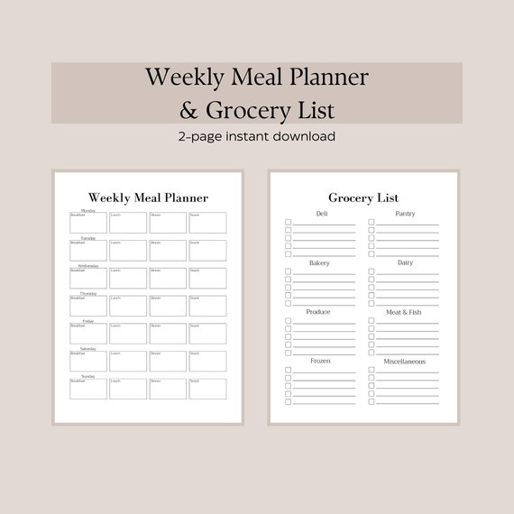 Weekly Meal Planner & Grocery List | 1-page Printable | 3