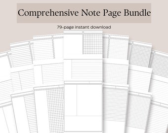 May include: A collection of 79 printable note pages in various layouts, including lined, grid, and blank pages.  The pages are designed for note-taking, journaling, and planning.  The text "Comprehensive Note Page Bundle" and "79-page instant download" is visible at the top of the image.