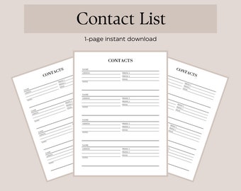 Lista de contactos / Descarga instantánea de 1 página / Tamaño carta / A4 / A5