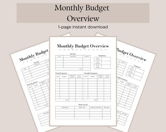 Monthly Budget Overview | 1-Page Printable | 3 Sizes Available