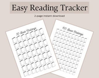 May include: Two printable pages for a reading tracker. The first page has the text "50 Book Challenge" and the second page has the text "100 Book Challenge". Each page has a grid of 50 or 100 book-shaped outlines for tracking books read.