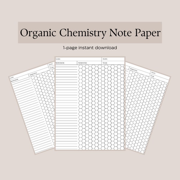 Sechseckiges Notizpapier | Notizpapier Organische Chemie | 1-Seite Sofortiger Download | Briefgröße | DIN A4 | A5