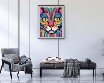 Psychedelic Cat Art Print: Colorful Wall Decor (Digital Download)