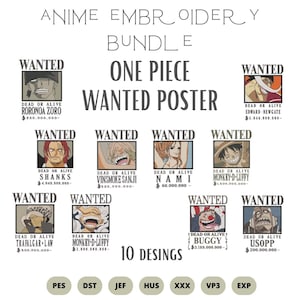 Może przedstawiać: Zestaw dziesięciu wzorów haftu anime "One Piece". Każdy wzór to plakat "Wanted" z portretem, imieniem i nagrodą postaci. Plakaty są w kolorach czarnym, białym i beżowym.