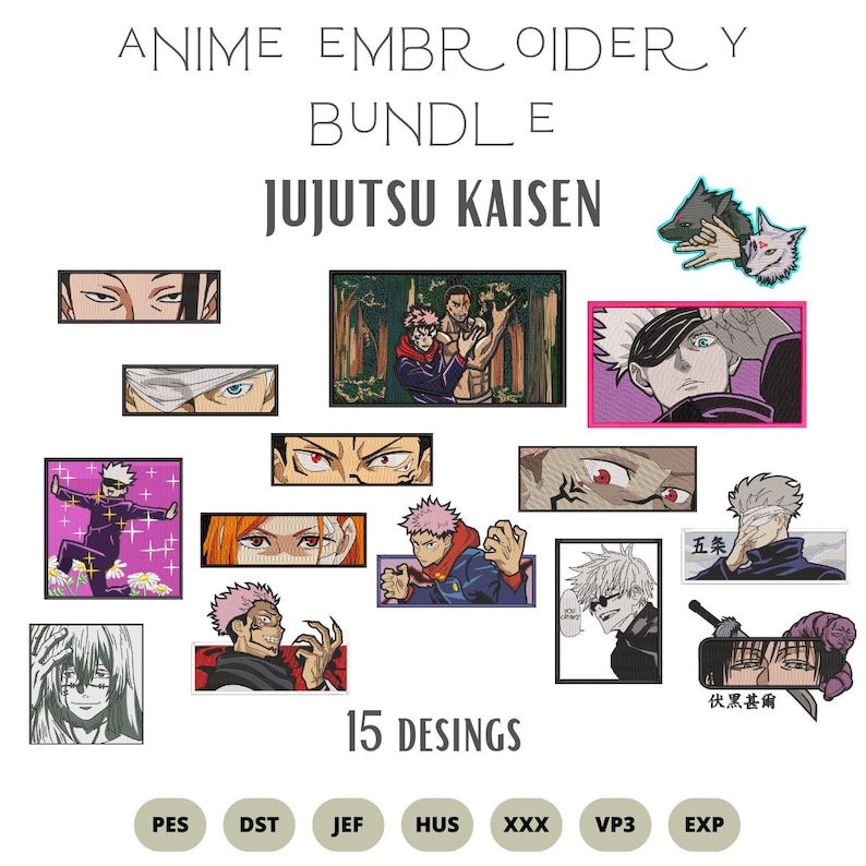 May include: A set of 15 embroidery designs featuring characters from the anime series Jujutsu Kaisen. The designs include various characters, such as Gojo Satoru, Megumi Fushiguro, and Sukuna. The designs are in a variety of colors and styles, and are perfect for adding a touch of anime to your embroidery projects.