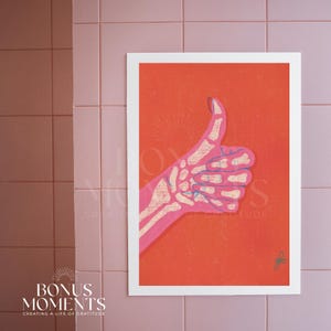 Thumbs Up Hand Skeleton Art Print – Digital Download, Pop Art Wall Decor, Neon Red & Pink Printable