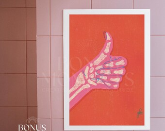 Thumbs Up Hand Skeleton Art Print – Digital Download, Pop Art Wall Decor, Neon Red & Pink Printable