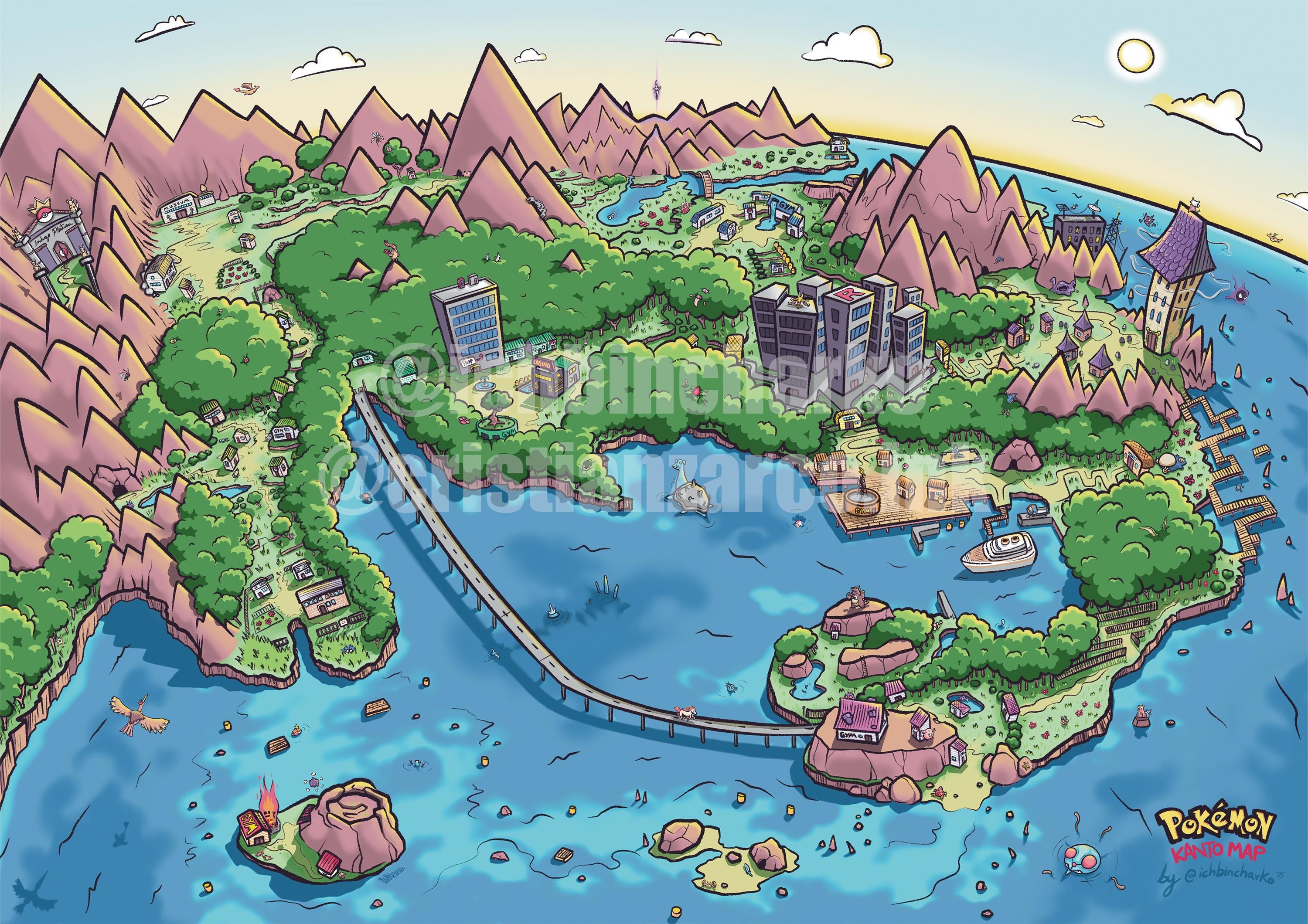 Kanto Map Poster Pokemon Red And Blue Gamer Wall Art Etsy