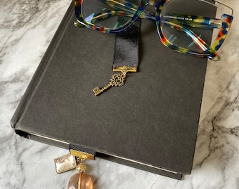 Beaded Bookmark: Black Grosgrain Ribbon with Gold Key Charm