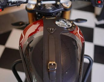 Compatible With Triumph Scrambler 400X Leather Tank Strap with Pouch | Custom Nameplate