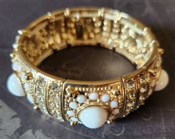 Vintage Gold Plated White Beaded Bangle Bracelet Resale