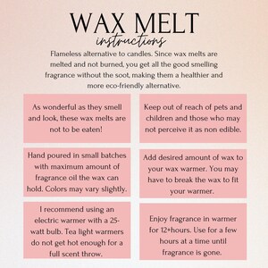 May include: A graphic with instructions for using wax melts. The text explains wax melts are a flameless alternative to candles, emphasizing their eco-friendly nature. Instructions include safety tips and usage guidelines.