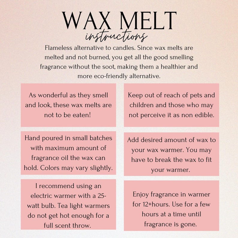 May include: A graphic with instructions for using wax melts. The text explains wax melts are a flameless alternative to candles, emphasizing their eco-friendly nature. Instructions include safety tips and usage guidelines.