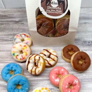 May include: A dozen mini donut-shaped soy wax melts in various colors and toppings, including chocolate, sprinkles, and glaze. The donuts are displayed on a light wood-grain surface, with a bag of donuts in the background.