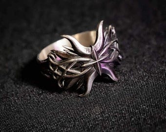 Celestial Bloom : Sterling Silver Celestial Gothic Ring - Witchy Astrology Floral Star Nature Jewelry for Alternative Style