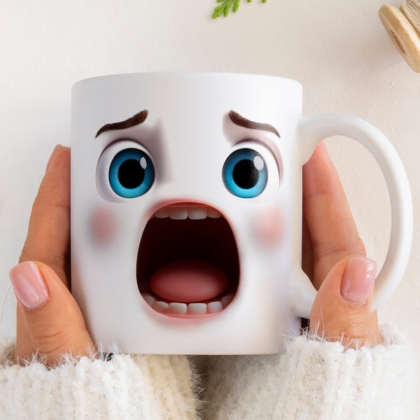Screaming 3D Funny Face Mug Wrap 11oz & 15oz Mug Template, 3D Coffee Mug Sublimation Design Mug Wrap Template PNG Instant Digital Download