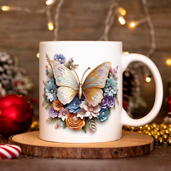 Emballage de tasse floral 3D papillon 11 oz & modèle de tasse 15 oz, tasse de fleurs Sublimation Design modèle d'emballage de tasse PNG Téléchargement numérique instantané