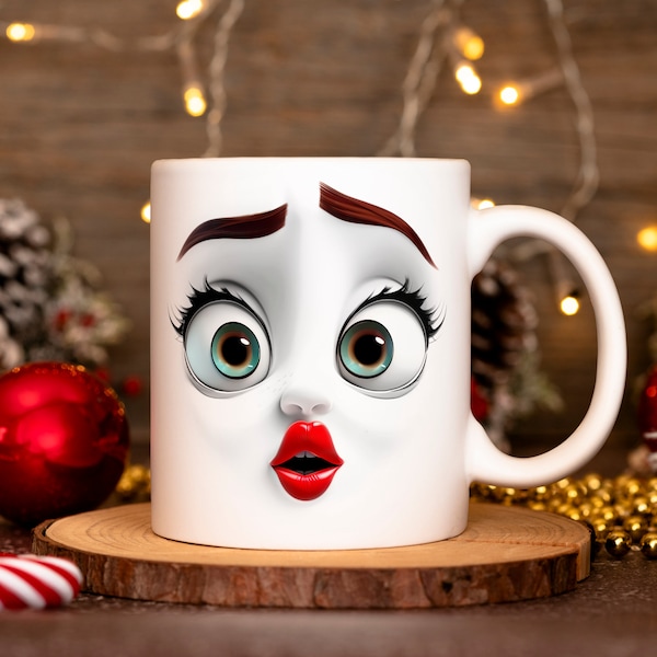 3D Lustiges Gesicht Mug Wrap 11oz 15oz Becher Vorlage, Blumenbecher Sublimation Design Becher Wrap Vorlage PNG Sofortiger digitaler Download