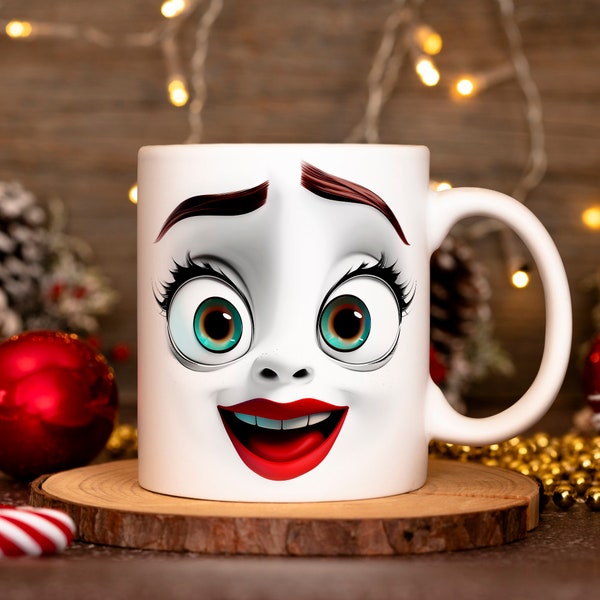 3D Funny Face Mug Wrap 11oz & 15oz Mug Template, Flower Mug Sublimation Design Mug Wrap Template PNG Instant Digital Download