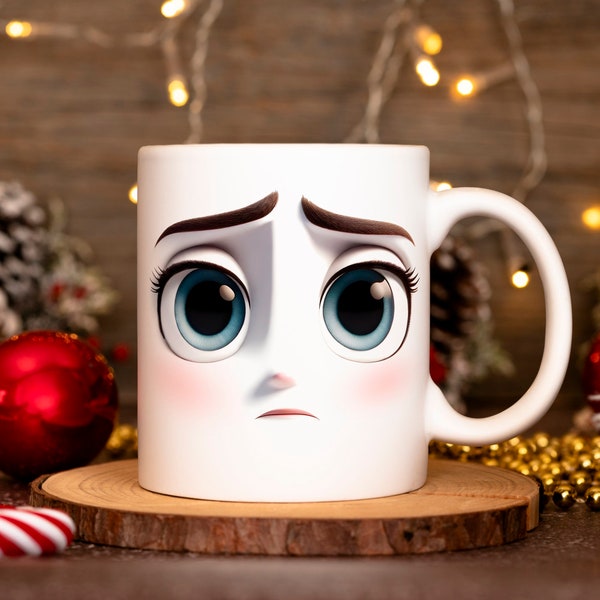 Sad Face 3D Funny Face Mug Wrap 11oz & 15oz Mug Template, 3D Emotional Mug Sublimation Design Mug Wrap Template PNG Instant Digital Download