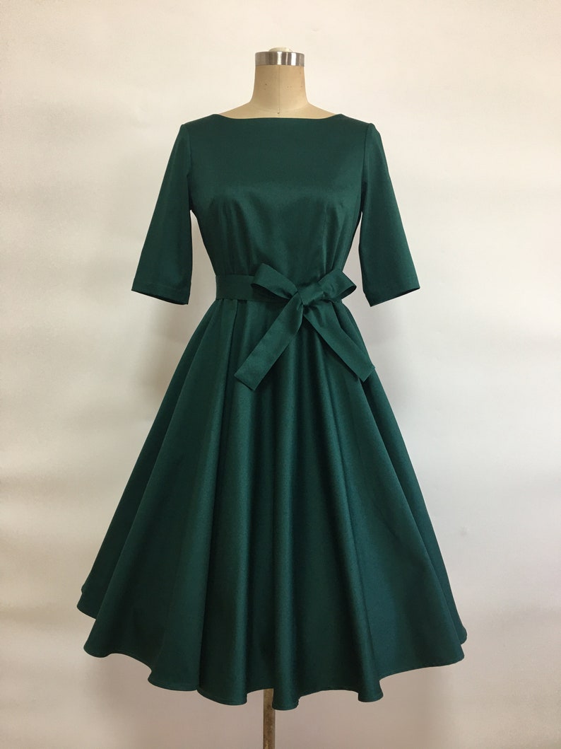 Robe trapèze en coton de haute qualité, robe de noël, robe de vacances, robe en coton vert chasseur image 1