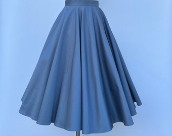 1950s  High Quality Cotton Midi Full Circle Swing Skirt  in Grey Blue with pockets Betty #53