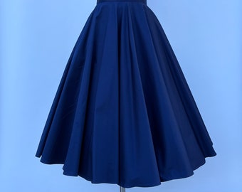 1950s  High Quality Cotton Midi Full Circle Swing skirt  with pockets  In Navy Custom made Betty #132