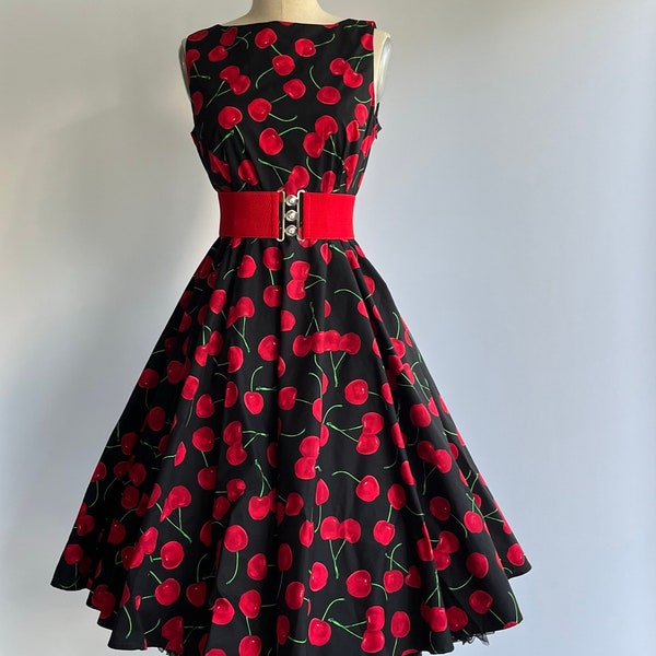 Vintage Inspired dress  Cherry  Swing Dress Cotton Dress  Hepburn