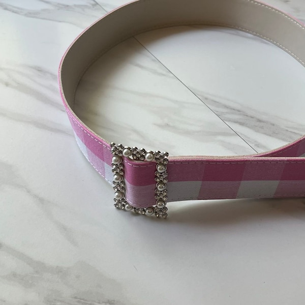 Fabric covered Barbie  Pink White Gingham Pearl Belt