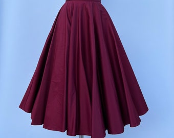 1950s  High Quality Cotton Midi Full Circle Swing skirt  pocket in Wine burgundy Custom made Betty #136