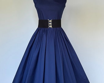 Vintage Inspired dress  Navy Blue Swing Dress Cotton Dress   Ella