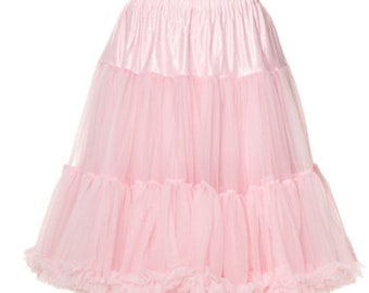 May include: A pink tulle petticoat with a satin waistband. The petticoat has multiple layers of tulle and a ruffled hem.