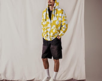 Yellow Cow Print Zip Hoodie: Unisex Recycled Fleece, Soft Comfort