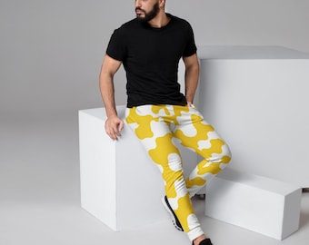 Yellow Cow Print Joggers: Slim Fit Recycled Fleece Loungewear