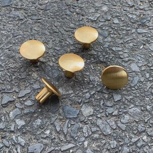 May include: A collection of five brass-colored cabinet knobs with a rounded, flat top and a short, cylindrical base. One knob is positioned on its side, revealing the stem. The knobs are arranged on a textured, gray surface.