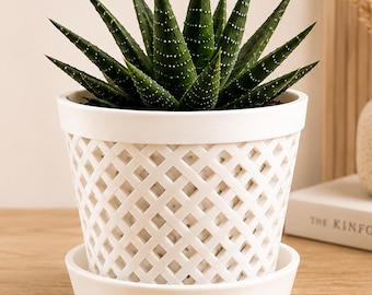 Sandweave 3D Printed Planter with Saucer | Modern Lattice Succulent Pot