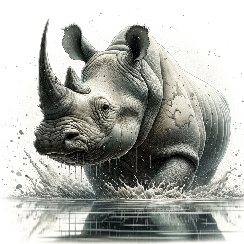 May include: A white rhinoceros with a large horn charges through a shallow pool of water, creating a splash of water around it.