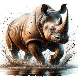 May include: A white rhinoceros runs through a muddy puddle, splashing water and mud in all directions. The rhino's thick skin and powerful legs are visible as it charges forward.