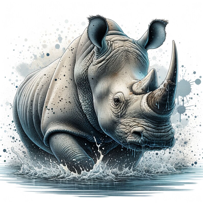 May include: A white rhinoceros with a large horn emerges from a body of water, its gray skin glistening with droplets. The rhinoceros is facing the viewer, its mouth slightly open, and its eyes are visible. The background is a soft, watercolor-like wash of blue and gray.