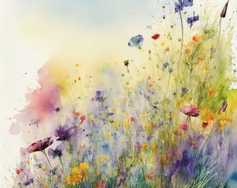 Campo de flores silvestres Arte digital / Flores Clipart / 10 JPG de alta calidad / Descarga digital / Arte AI / Técnica mixta / Artesanías de papel digital