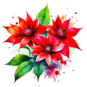 Puede incluir: Pintura de acuarela de tres flores rojas con hojas verdes y salpicaduras de acuarela sobre un fondo blanco.