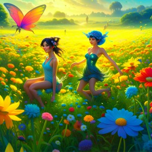 May include: Two women in a field of colorful flowers. One woman is wearing a blue dress and a blue hat. The other woman is wearing a blue and white dress. The flowers are in shades of pink, yellow, blue, and purple.