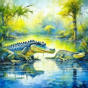 Puede incluir: Dos caimanes en un pantano, el agua es verde y azul. El caim&aacute;n m&aacute;s grande est&aacute; en primer plano, mirando al espectador, con la boca cerrada. El caim&aacute;n m&aacute;s peque&ntilde;o est&aacute; en el fondo, mirando a la izquierda, con la boca cerrada.