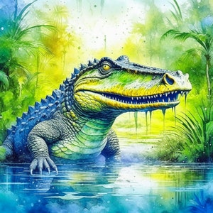 Puede incluir: Una pintura de acuarela de un cocodrilo verde y azul con detalles amarillos, emergiendo de un cuerpo de agua. El cocodrilo tiene una sonrisa de dientes y est&aacute; rodeado de exuberante vegetaci&oacute;n verde.