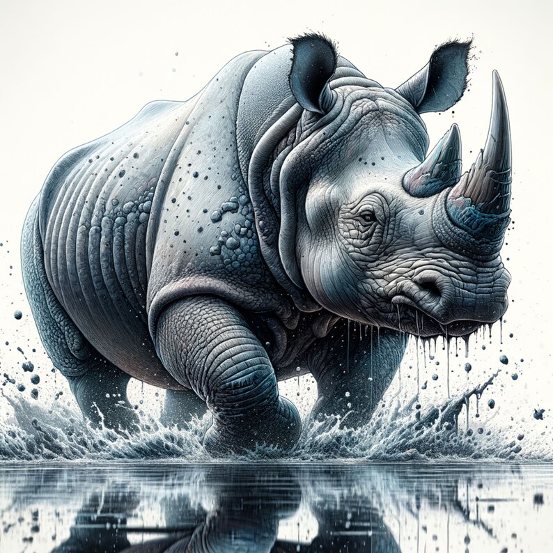 May include: A gray rhinoceros with a large horn is running through a shallow body of water. The rhinoceros is covered in water droplets and has a serious expression on its face.